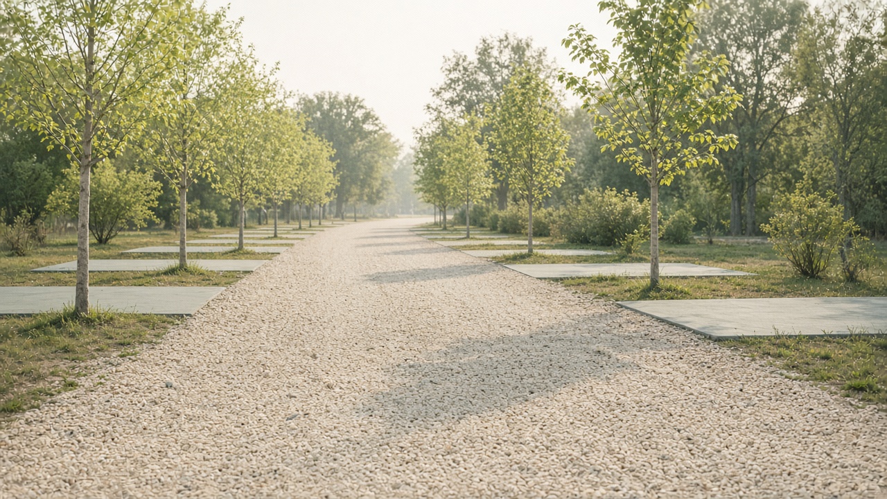 Soft daylight ground lane — cream gravel path between pads, quiet order before handoff