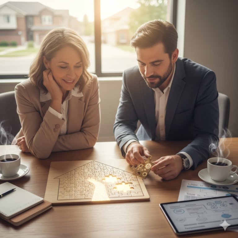 Two hands fitting the final, unique piece into a house-shaped puzzle, symbolizing a custom creative financing solution.