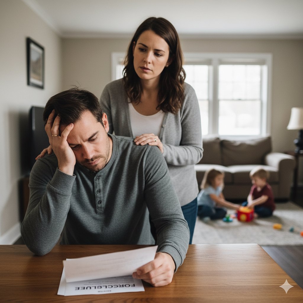A worried family looking at a foreclosure notice