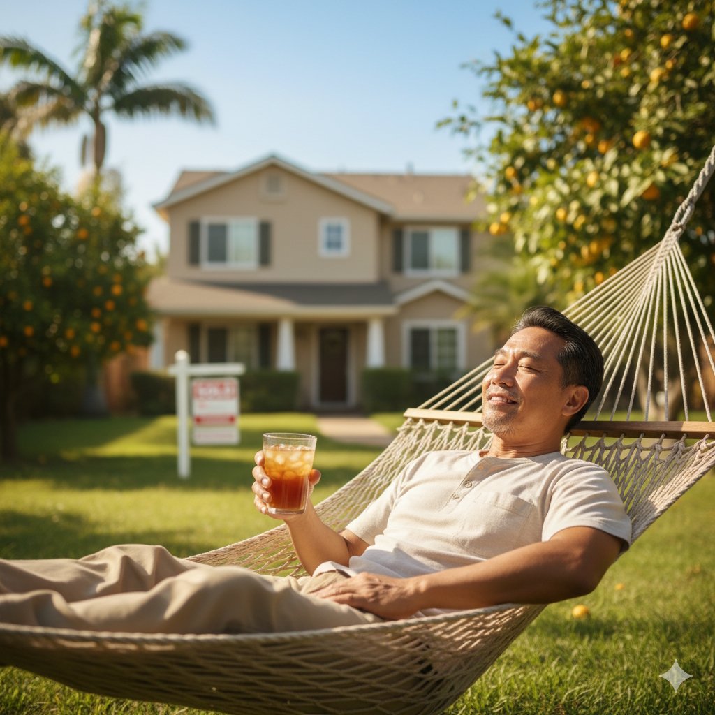A person relaxing in a hammock with an out-of-focus rental property in the background, symbolizing relief from landlord duties.
